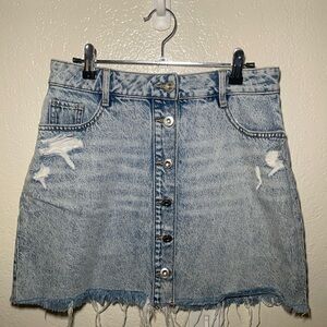 Zara Denim Button Front Distressed Skirt